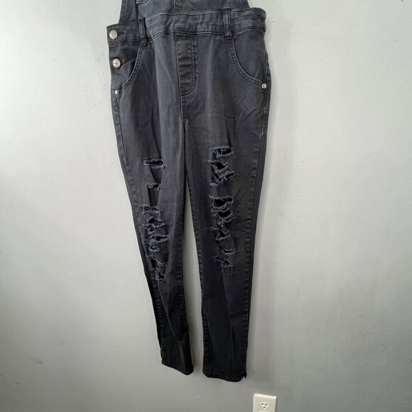 Bebe Girls Overalls Black Denim size XL 16 Distressed Destroyed Stretch Bib - Picture 3 of 5